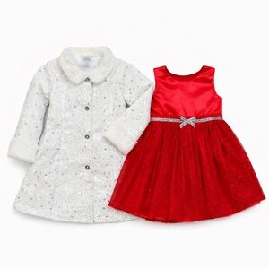 Nannette Baby 24M Red Holiday Dress with Faux Fur Sparkle Coat Christmas Outfit